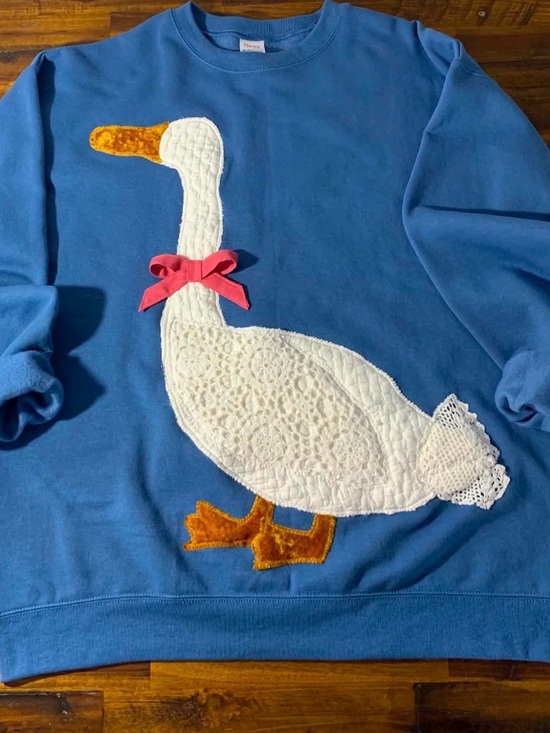Hanes Tops - Hanes Blue Sweatshirt with Vintage Patchwork White Goose Appliqué and Pink Bow